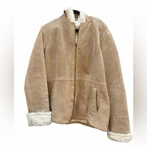 Men’s 2X Genuine Leather Suede Jacket Sherpa Lined Hooded Coat Tan Y2K Heavy